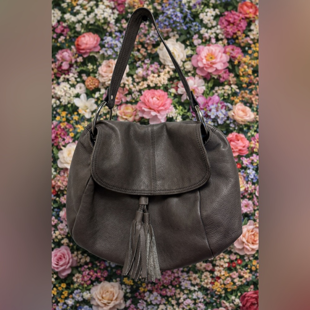 Alfani Gray Leather Tassel Flap Shoulder Bag Hobo Purse